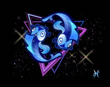 Pisces zodiac Astrological horoscope, in retro style on a black background with neon luminous elements, sacred gothic symbols of the constellations, vector horizontal illustrationのイラスト素材