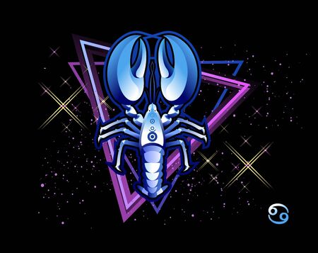 Cancer zodiac Astrological horoscope, in retro style on a black background with neon luminous elements, sacred gothic symbols of the constellations, vector horizontal illustrationのイラスト素材