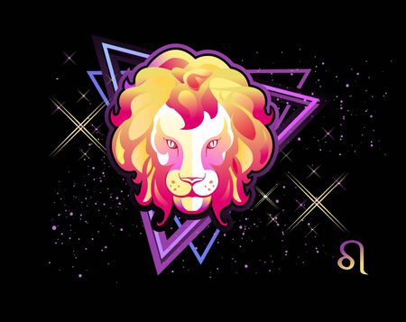 Leo zodiac Astrological horoscope, in retro style on a black background with neon luminous elements, sacred gothic symbols of the constellations, vector horizontal illustrationのイラスト素材