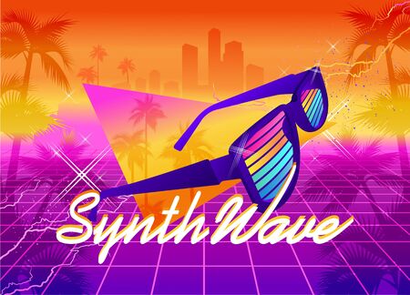 Synthwave retro wave, cyber landscape with laser grid luminous rays. Horizontal web banner, vector illustration vaporwave retrowaveのイラスト素材