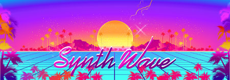 Synthwave retro wave, cyber landscape with laser grid luminous rays. Horizontal web banner, vector...