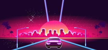 Retro futuristic virtual reality world, fictional landscape in 80s style, Sci-Fi Background vector illustrationのイラスト素材