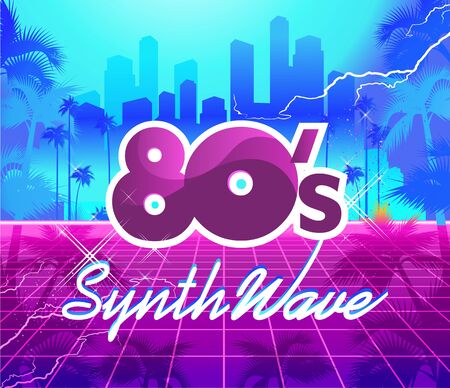 Synthwave retro wave, cyber landscape with laser grid luminous rays. vector illustration vaporwave retrowaveのイラスト素材