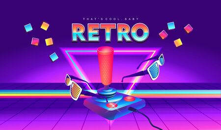 Futuristic horizontal banner, retro computer game in the style of the 80s on a game console with a joystick. Neon laser beams loading pageのイラスト素材