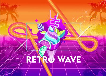 Synthwave retro wave, cyber landscape with laser grid luminous rays. Horizontal web banner, vector illustration vaporwave retrowaveのイラスト素材