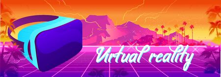Futuristic horizontal banner virtual reality, with VR glasses, in cyberspace Yellow and pink landscape game 80s. Futuristic synth wave, retrowave styleのイラスト素材