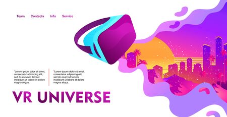 Retro futuristic virtual reality world, template for website homepage, horizontal banner, vector illustrationのイラスト素材