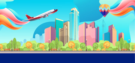 Horizontal banner daytime city landscape panoramic view of the city Vector illustrationのイラスト素材