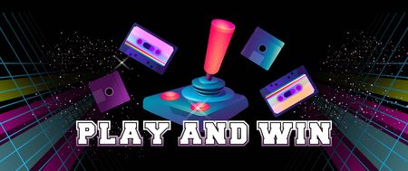 Futuristic horizontal banner, retro computer game in the style of the 80s on a game console with a joystick. Neon laser beams loading pageのイラスト素材