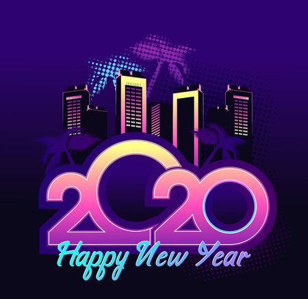 2020 calendar numbers, new year greeting card, festive night neon city, square shape, vector illustrationのイラスト素材