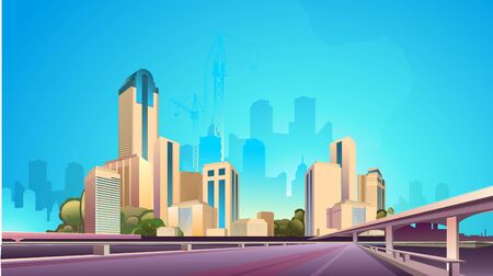 City street buildings, skyline view, white real estate background, district concept horizontal banner , flat vector illustrationのイラスト素材
