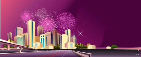 Panorama of the night city, streets and roads and bridges illuminated by neon lights, district concept horizontal banner, flat vector illustrationのイラスト素材
