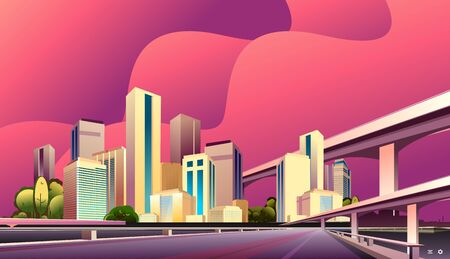 City street buildings, skyline view, white real estate background, district concept horizontal banner , flat vector illustrationのイラスト素材