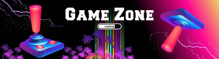 Futuristic horizontal banner, retro computer game in the style of the 80s on a game console with a joystick. Neon laser beams loading pageのイラスト素材