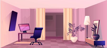 Design of a home room with a workplace, an office for remote work, in a retro style, with a perspective into the depths. Vector horizontal illustration.のイラスト素材