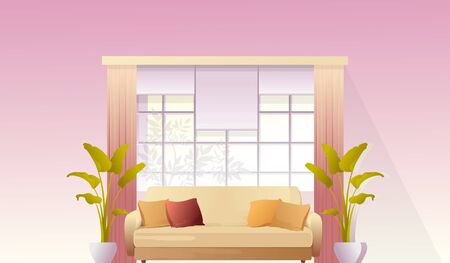 Interior design of a resting place in a living room in the hall, a sofa near the window, horizontal vector illustration, conceptual bannerのイラスト素材