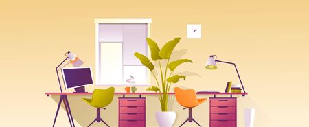 Design workplace at home, office for remote work, horizontal banner, vector illustration, desktop near the windowのイラスト素材