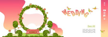 conceptual banner of a festive wedding ceremony or wedding, a wedding arch decorated with flowers and plants, an invitation or landing page template for the Internetのイラスト素材