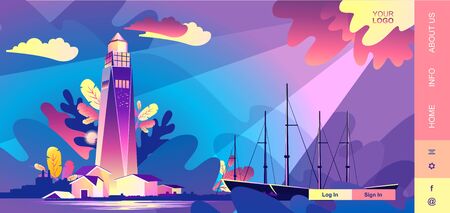 Horizontal vector illustration, banner, concept, Lighthouse in bad weather, huge waves, in retro style, template for a design, home landing pageのイラスト素材
