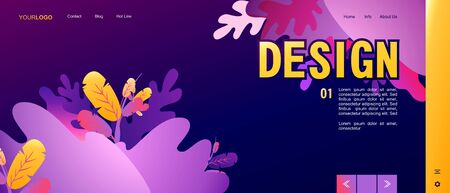 Abstract conceptual banner with beautiful spots and plants in unreal neon colors, futuristic design elements for home internet landing page.のイラスト素材