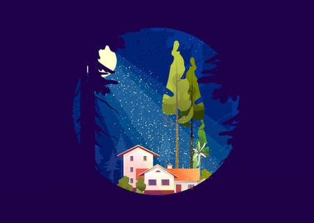 Wooden house in the deep forest, foresters hut, vector cartoon in a round shape, mystical moonlight, night skyのイラスト素材