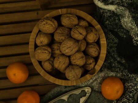 Walnuts seasonal at christmas top view in jenaの写真素材