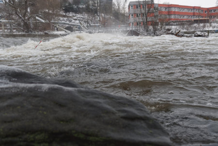 High tide in jena at saale river in winter 2021
