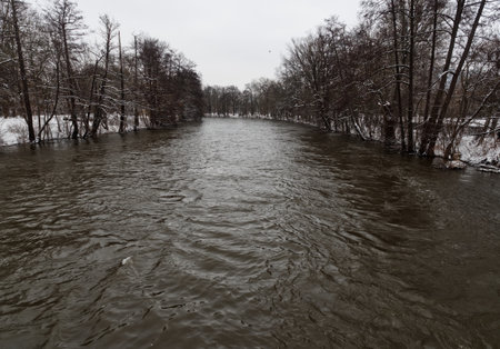 High tide in jena at saale river in winter 2021の写真素材