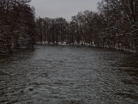 High tide in jena at saale river in winter 2021