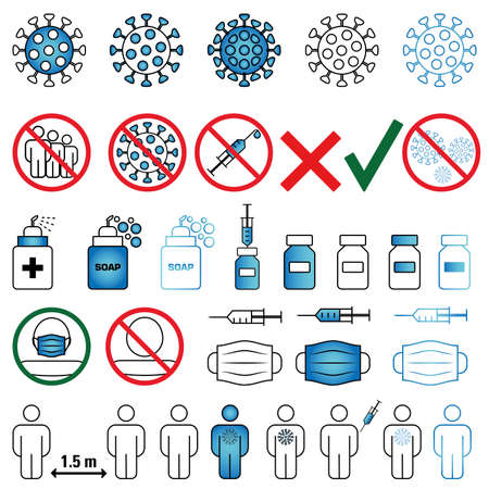 Collection of vaccine and vaccination icons. A set of simple linear web icons, such as Human vaccination, Vaccination ban, Shoulder vaccination, Virus Vaccine, vectorのイラスト素材