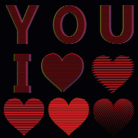 heart icon set love symbol red and black love and hate isolated on black background glitch effect graphicsのイラスト素材