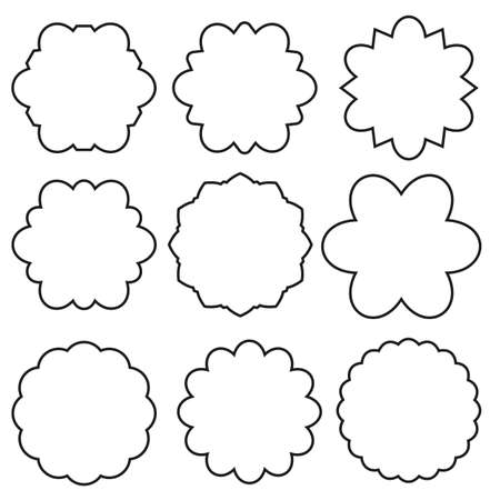 A set of round toothed frames. Simple contour labels, frames and stickers with various frames for use in designs, black contour isolated on a white backgroundのイラスト素材