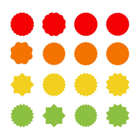 A set of sixteen different starburst sunburst icons in four bright colors on a white background, an empty sign with an inscription, vectorのイラスト素材
