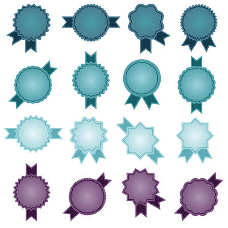 A set of sixteen multi-colored starburst icons with ribbons, sunburst in bright colors with a geometric pattern on a white background, an empty sign with an inscription, vectorのイラスト素材