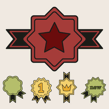 A set of sixteen multi-colored starburst icons with ribbons, sunburst in bright colors with a geometric pattern on a white background, an empty sign with an inscription, vectorのイラスト素材