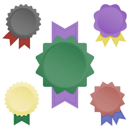 A set of sixteen multi-colored starburst icons with ribbons, sunburst in bright colors with a geometric pattern on a white background, an empty sign with an inscription, vectorのイラスト素材