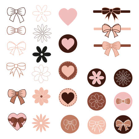 a large set of decorative elements to decorate your illustration, pink-brown gamma, bows, flowers and hearts, flat graphicsのイラスト素材