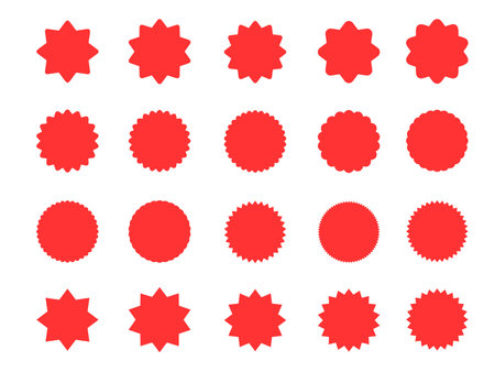 A collection of bright red labels. Sticker with a sale or discount. The price tag of a special offer in retail. Supermarket advertising icon. icon of the sun rays.のイラスト素材