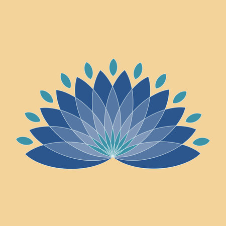 stylized lotus flower in blue-green shades on a yellow background, white outline, logo concept, flat illustrationのイラスト素材