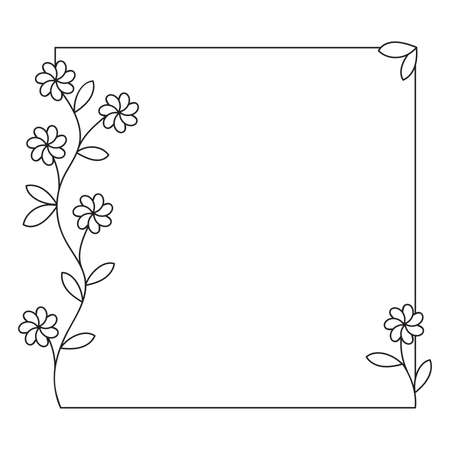 empty flower frame for publication, black outline, white background, branch with flowers and leaves, spring theme, romantic mood, flat vector illustrationのイラスト素材