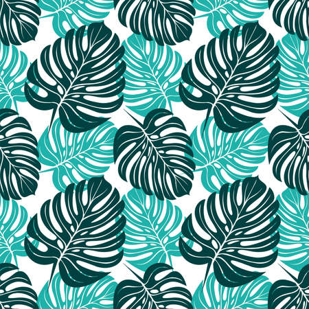 repeating pattern of leaves of a tropical plant in green, monstera, pattern, pattern pattern for textiles, floral background, summer mood, vectorのイラスト素材
