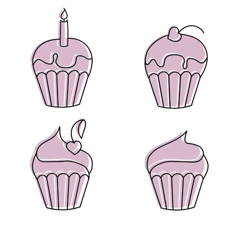 set of four cream pies decorated with cherries and candles, birthday celebration, heart-shaped, valentines day card, isolated on white background, black outline pink fillのイラスト素材