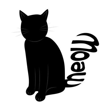 Black Cat With a Big Tail MEOW. Flat style illustration.のイラスト素材