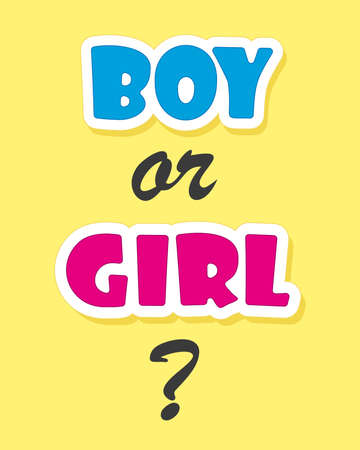 Boy or Girl Text for Gender Reveal Party. Bright colored vector card for Baby Shower.のイラスト素材