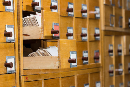 database concept. vintage cabinet. library card or file catalog.