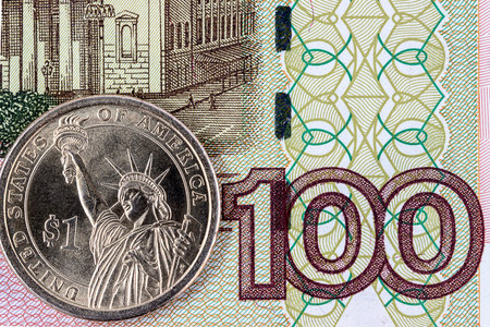 One dollar on a background of Russian money.  concept