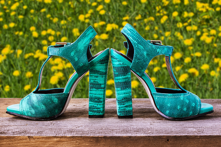Women's sandals on a background of flowers, on a wooden tableの写真素材