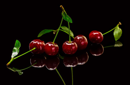 Transparent cup with red ripe cherries with reflection on black background.