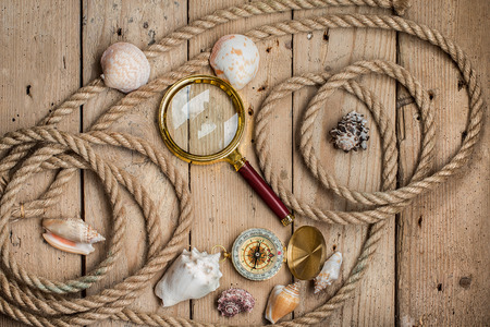 Wooden background with nautical decor, top viewの写真素材