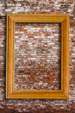 blank photo frame on red vintage brick wall background. with free text space